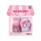 A package My Melody-themed erasers,  one in pink plastic case and one character-shaped piece featuring My Melody illustrations.