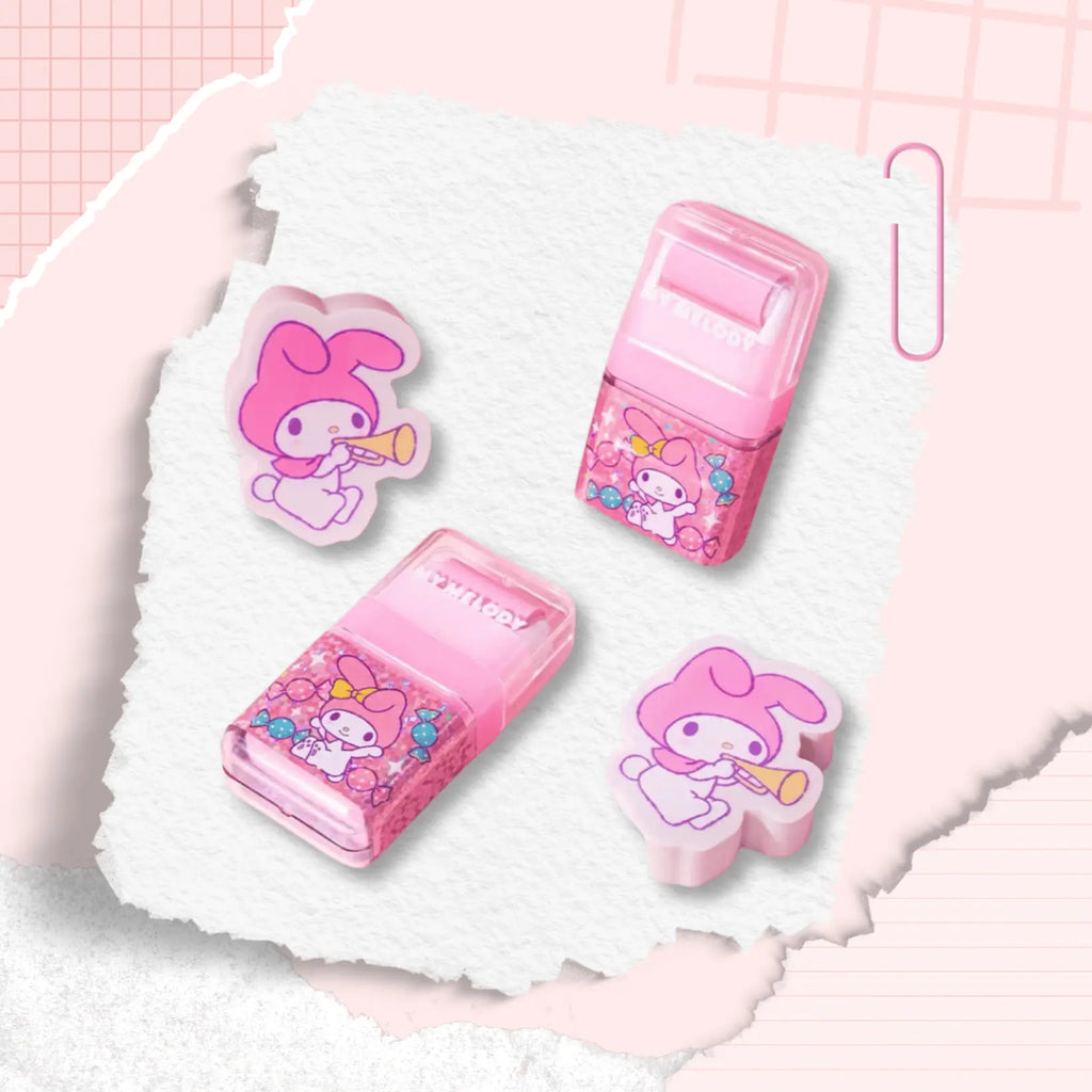 A few pink My Melody-themed erasers, two translucent pink plastic cases and two character-shaped pieces featuring My Melody illustrations.