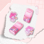 A few pink My Melody-themed erasers, two translucent pink plastic cases and two character-shaped pieces featuring My Melody illustrations.