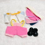 Pink Denim Overalls Set for 17cm Labubu Dolls – Visor Hat, Polka-Dot Bib & Bear Patch Dungarees