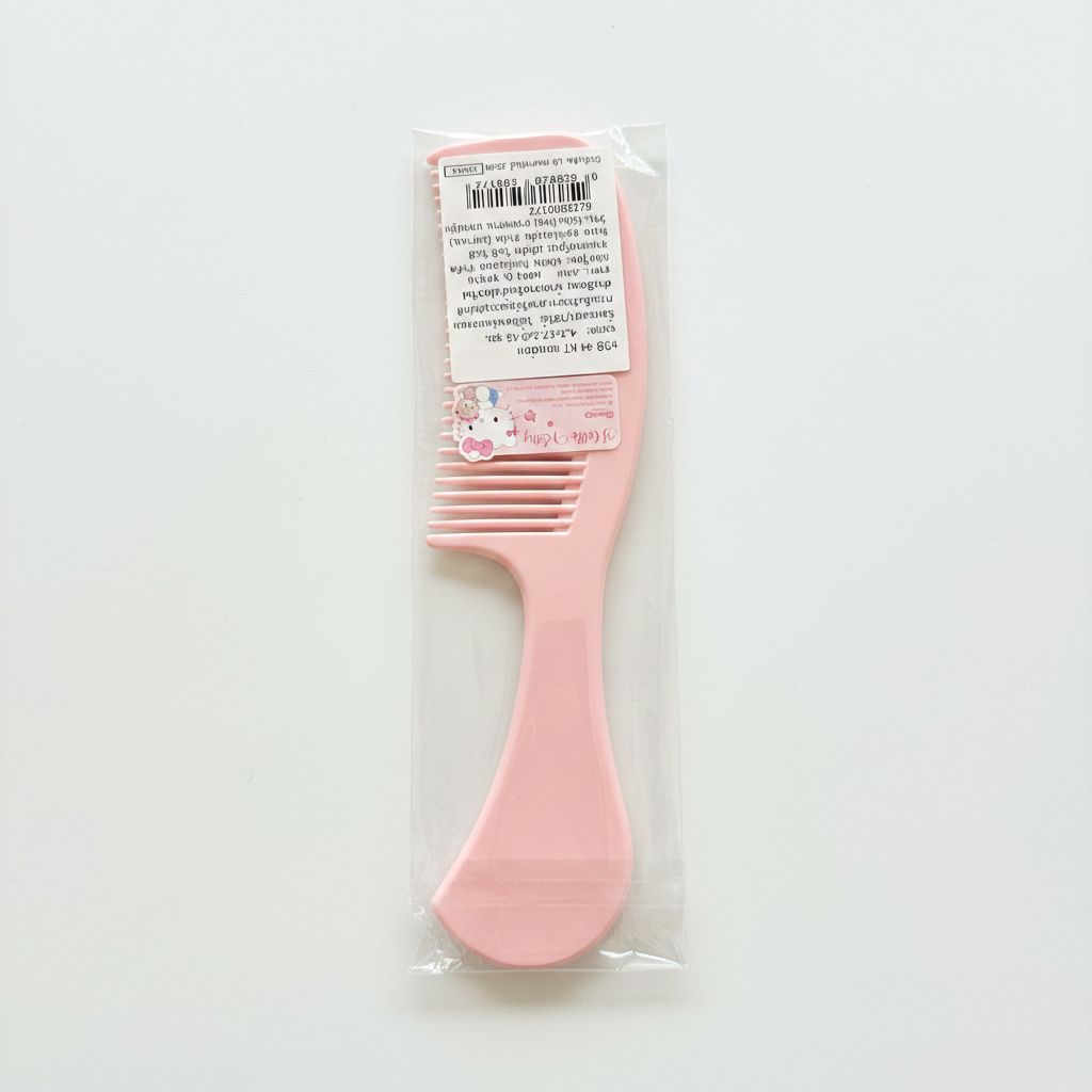 A pink plastic hair comb with a wide-tooth design, packaged in a clear plastic sleeve with a white product label written in Thai language. 
