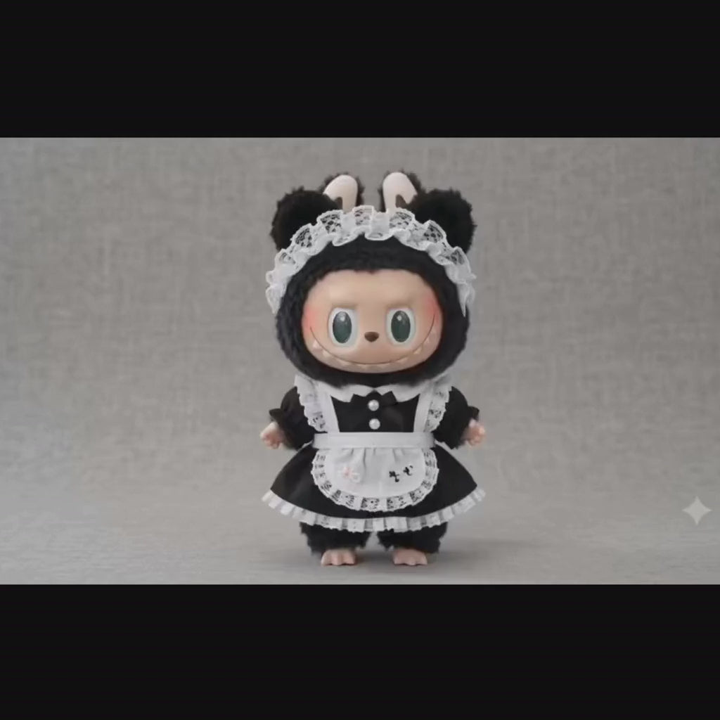 An AI generated video promoting Labubu clothing Sets. A Labubu plush doll in three different outfits.