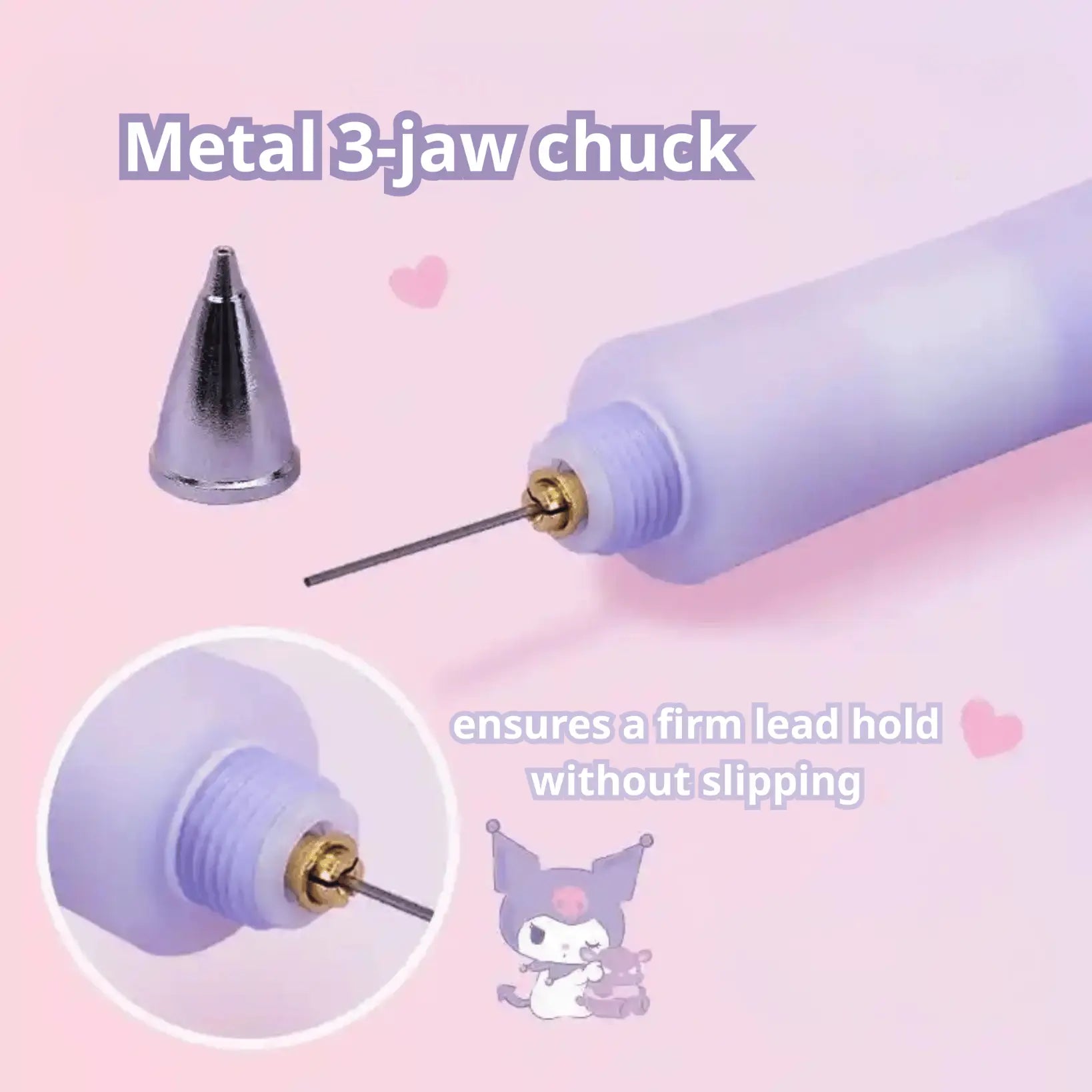 A close-up product graphic showing a Kuromi mechanical pencil with a metal 3-jaw chuck attachment. Text reads 'Metal 3-jaw chuck' and 'ensures a firm lead hold without slipping".